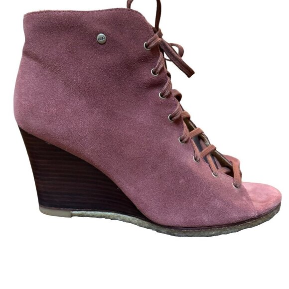 UGG Elyse Open Toe Maroon Leather Lace Up Ankle Wedge Heels Womens Size 8 - Picture 1 of 9